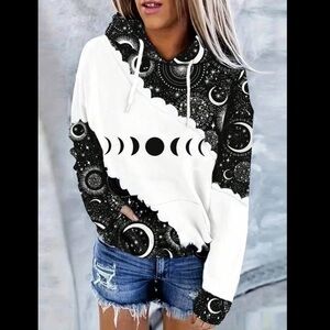 🔥Celestial Moon Phase Hoodie – Black & White Galaxy Print Lightweight & Stylish
